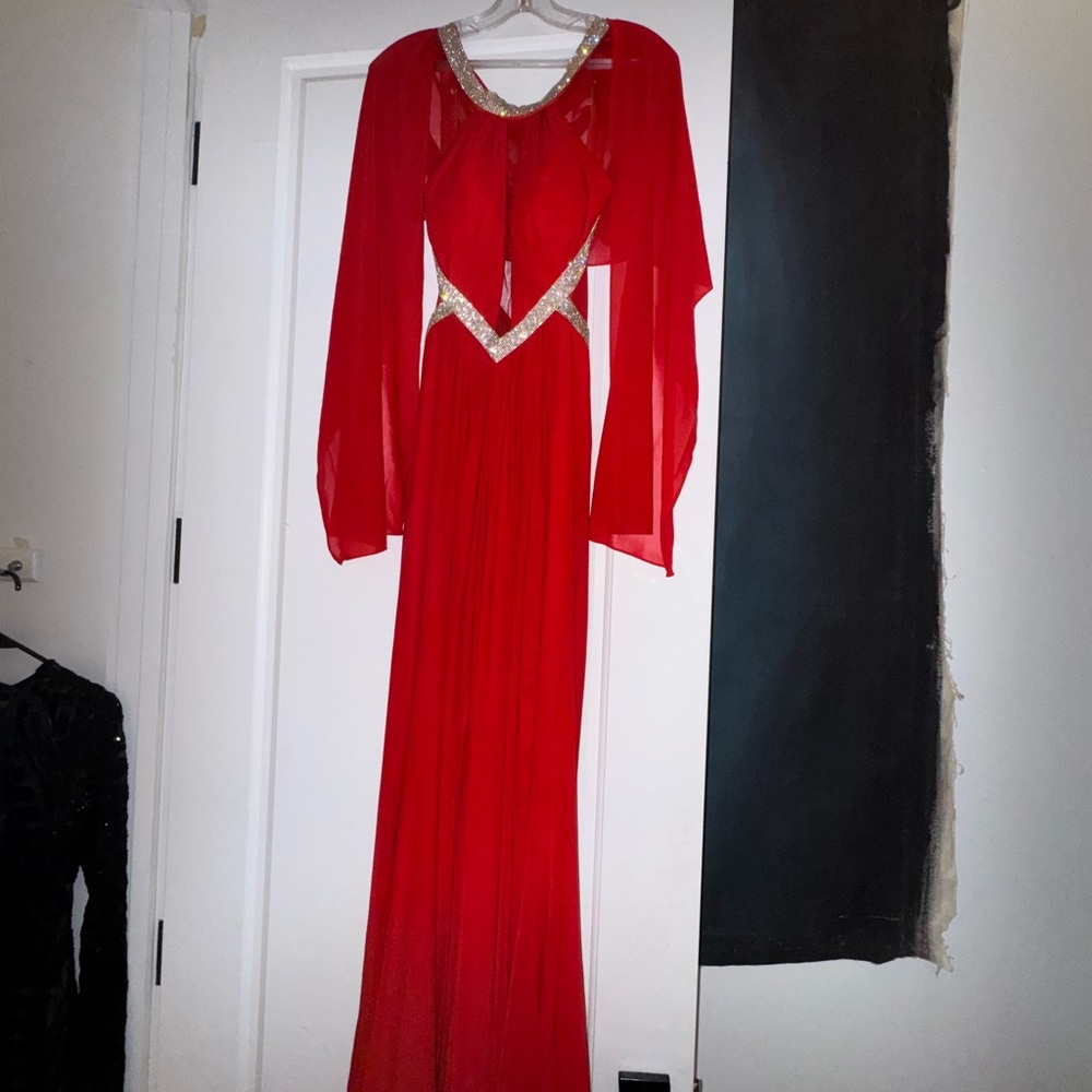 Chic Red Long Sleeve Dress with Silver Details